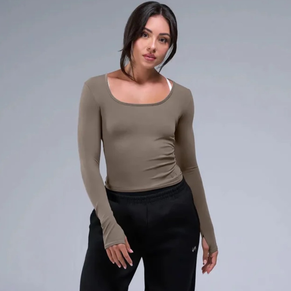 TLF Long Sleeve Top Large Brown Tan Essential Seamless Shirt Reversible Gym New